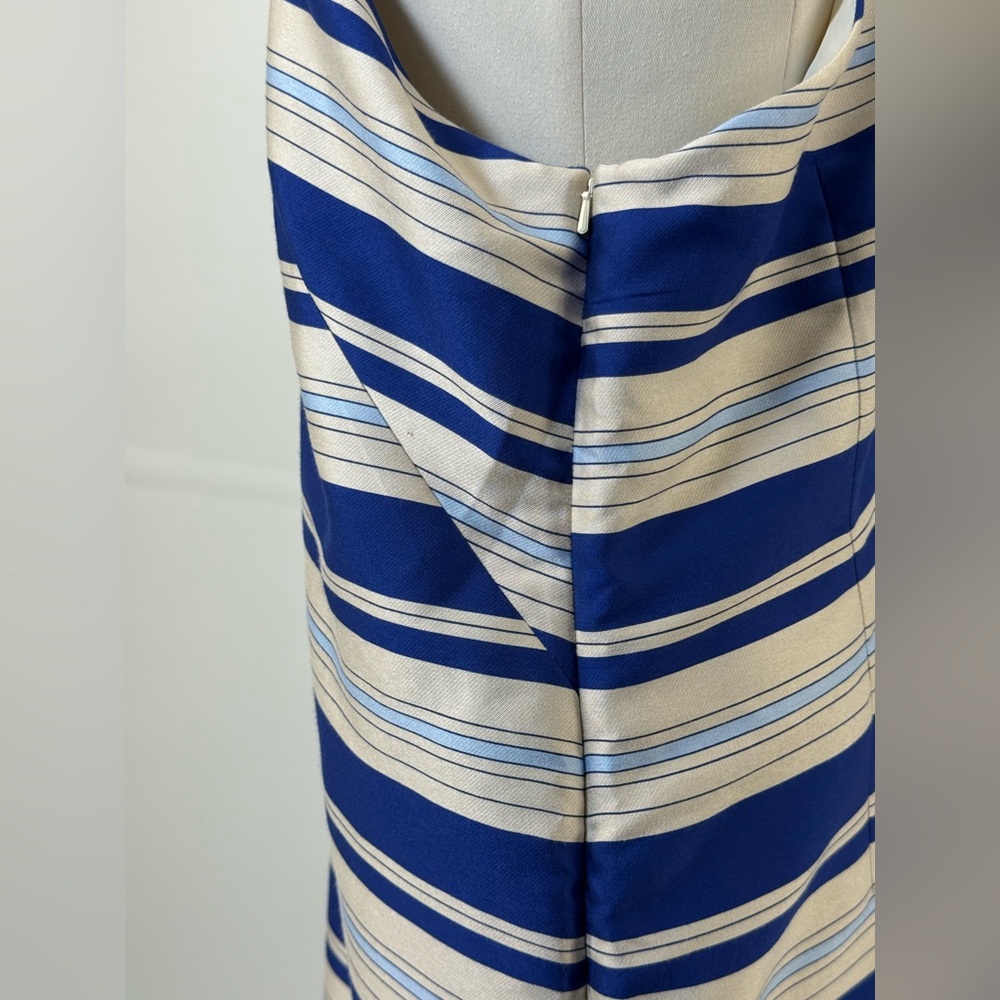 Banana Republic One Shoulder Striped Blue/Ivory With Bow Knee Length Dress SZ 16 - Picture 6 of 16